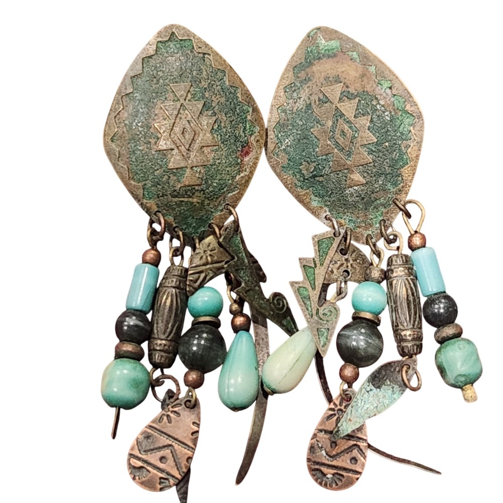 Vintage Southwestern style Copper colored dangling earrings 3" Tribal Western